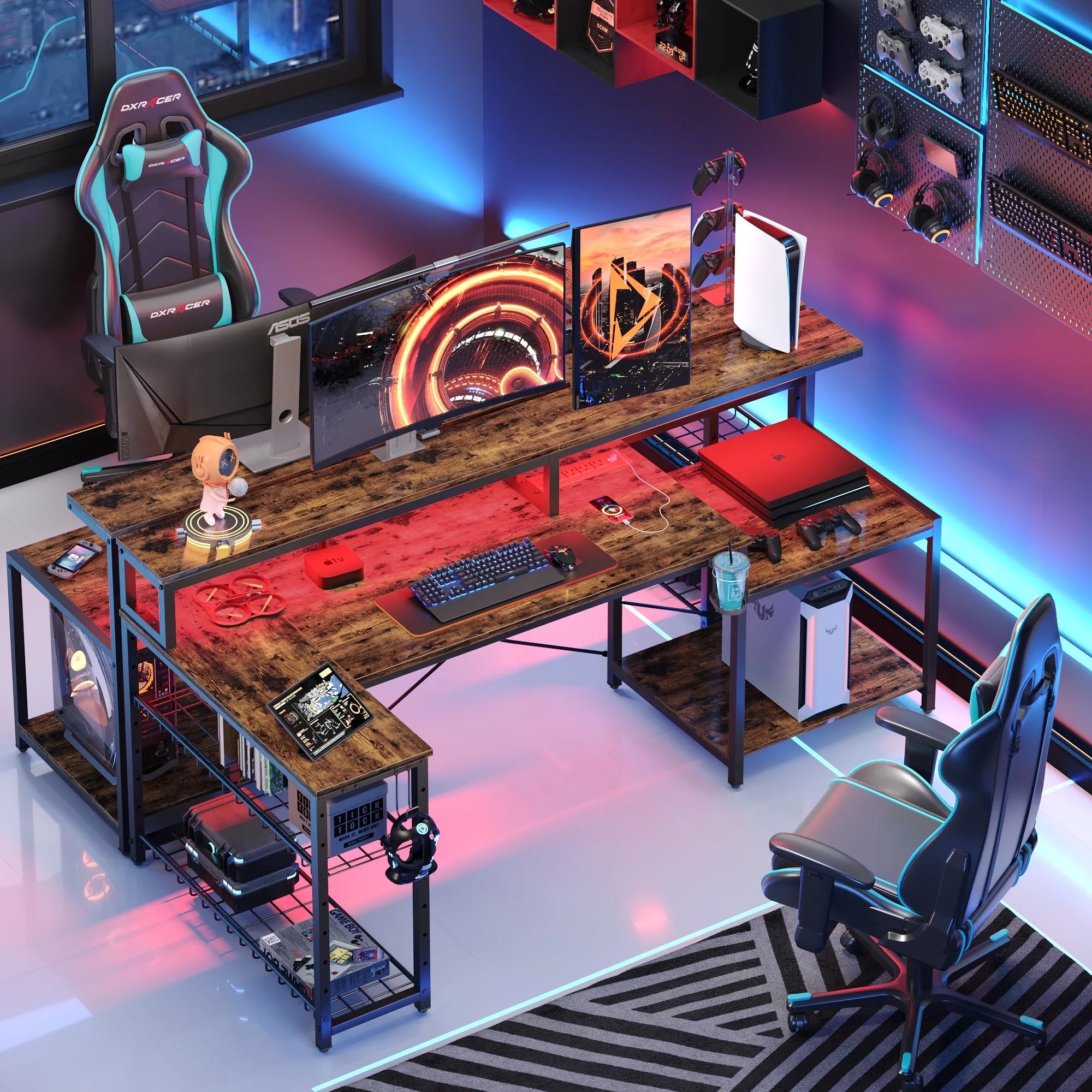71 In. L-Shaped Gaming Desk with Power Outlets and LED
