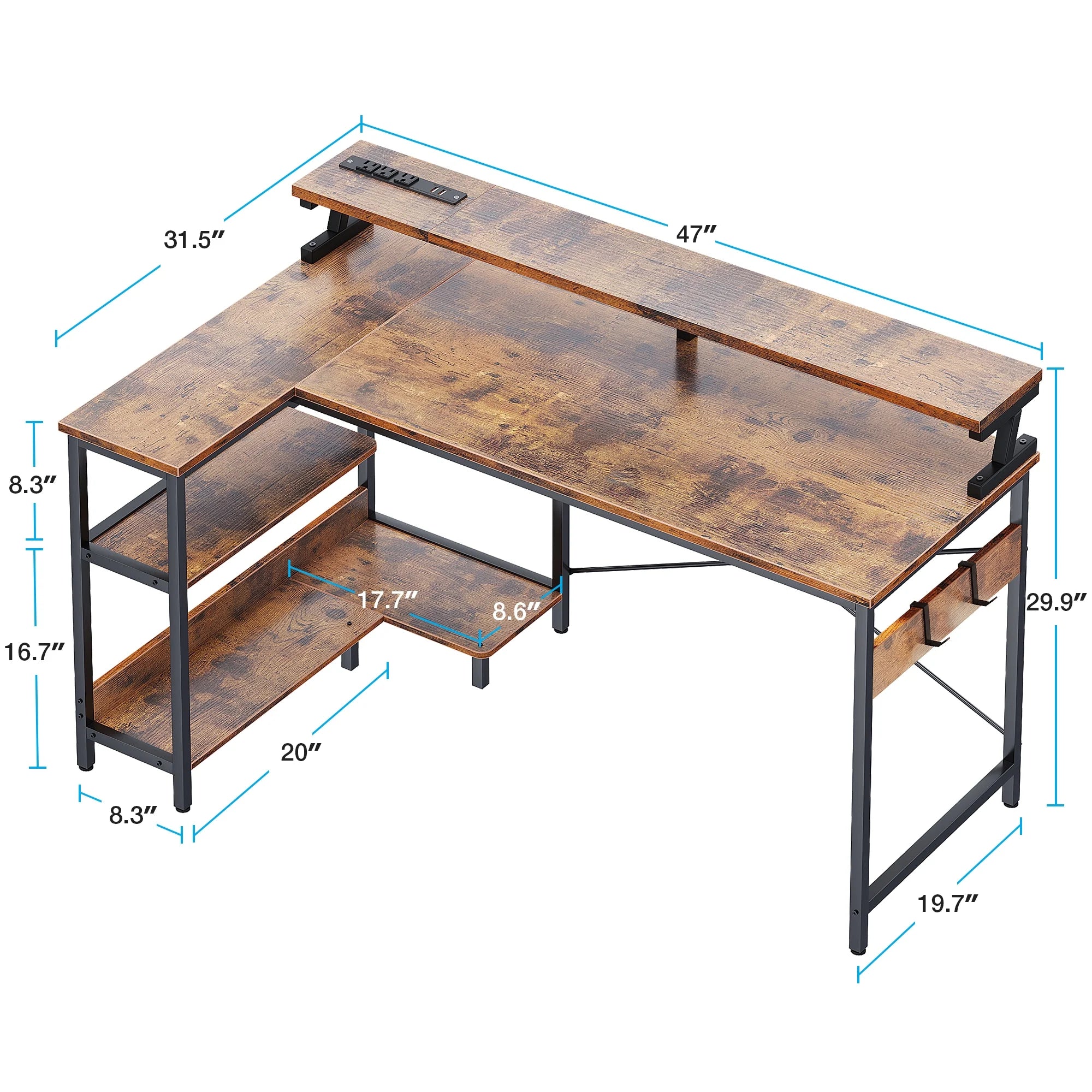 48 In. Reversible L Shaped Gaming Desk with LED Lights & Power Outlet