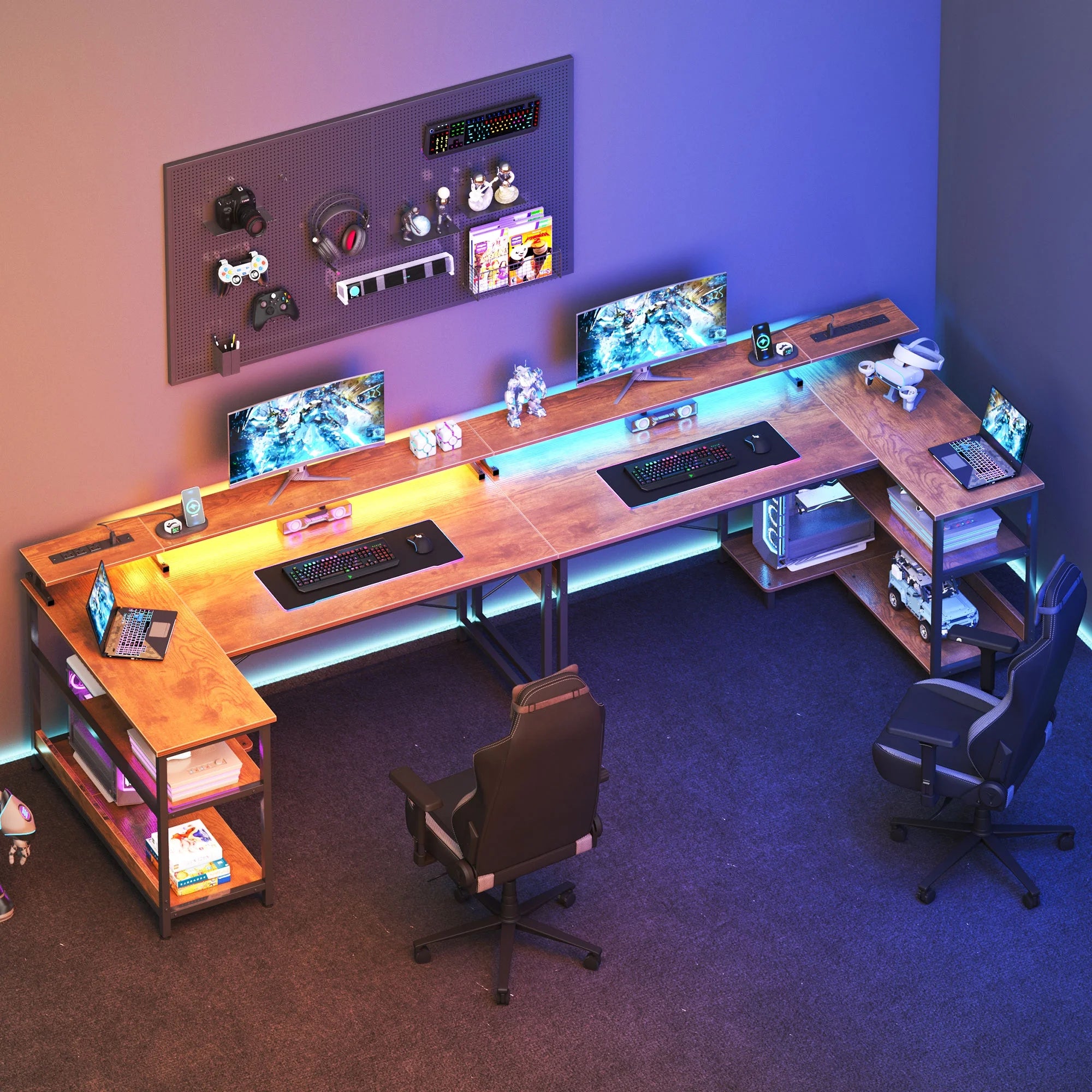 48 In. Reversible L Shaped Gaming Desk with LED Lights & Power Outlet