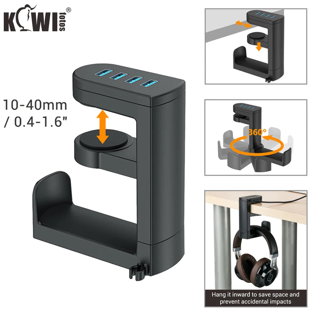 Headphone Stand with 4 USB Port 360° Rotating Clamp for Desk Gamer Headset Stand with USB 3.0 Fast Data Transfer Organize Desk