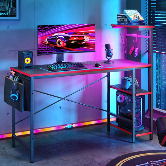 52 In. Gaming Desk with LED, Carbon Fiber/Red