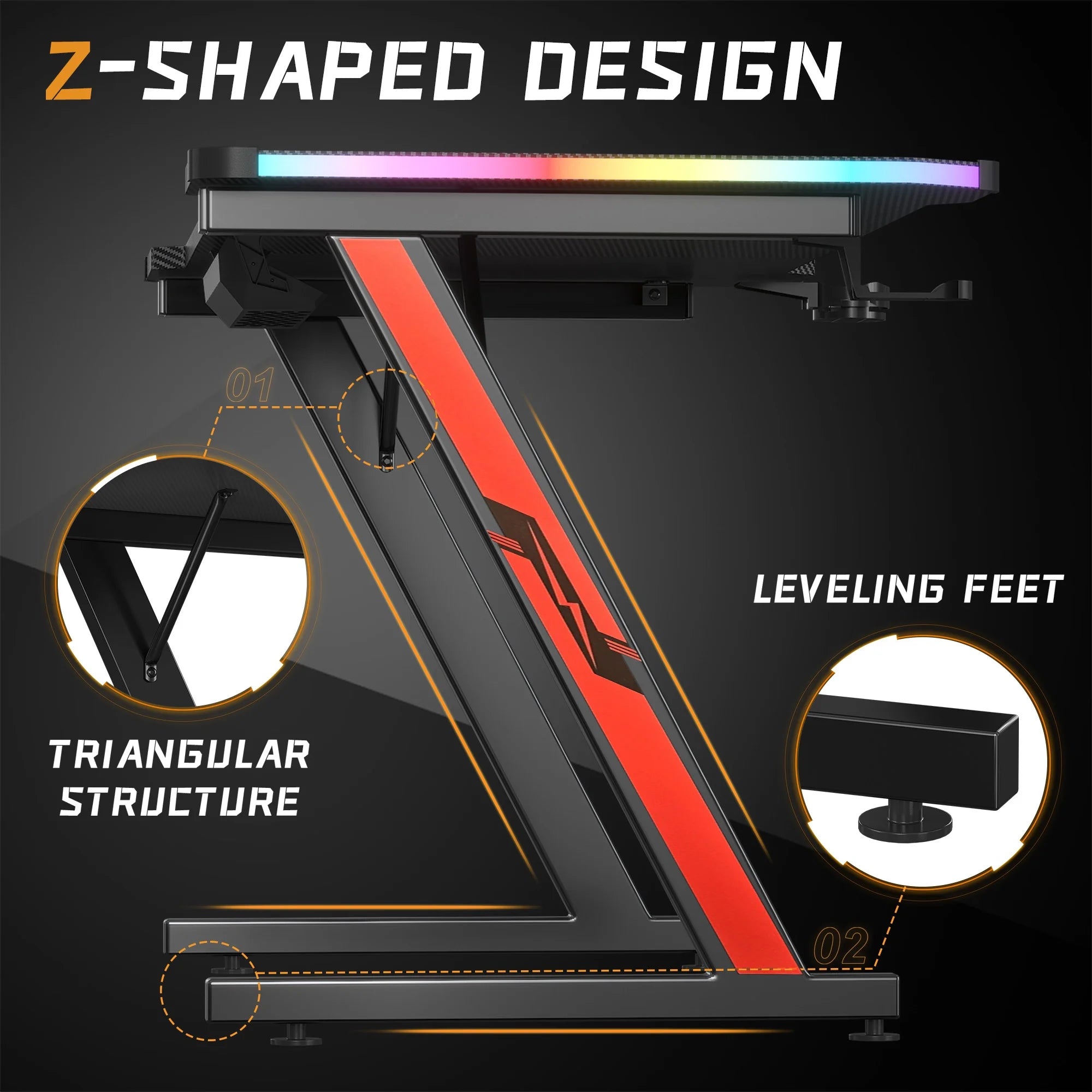 63 Inches Z-Shaped Carbon Fiber Gaming Desk with RGB Lights
