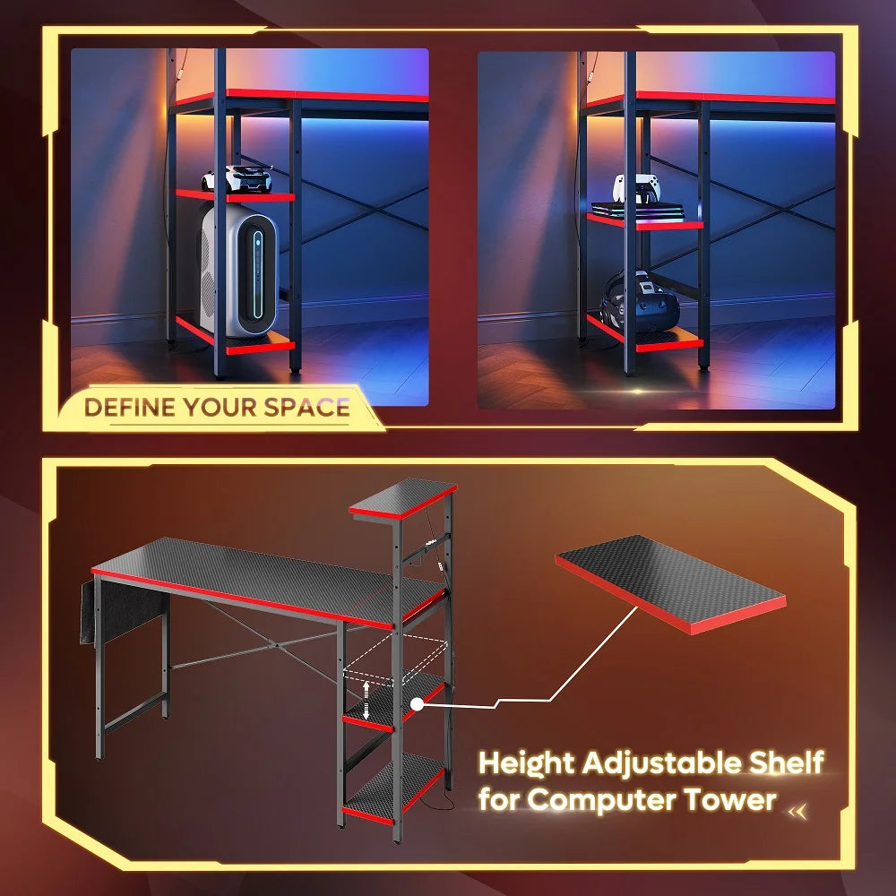 52 In. Gaming Desk with LED, Carbon Fiber/Red