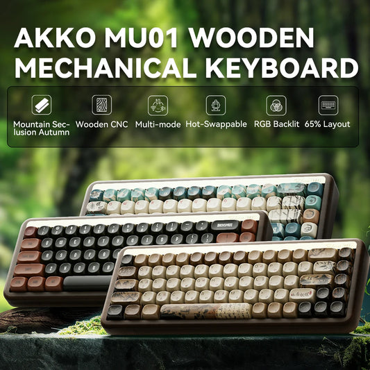 MU01 Mountain Seclusion Wooden Mechanical Keyboard RGB Hot-Swappable BT 5.0/2.4G Wireless & Type-C Wired Gaming Keyboard