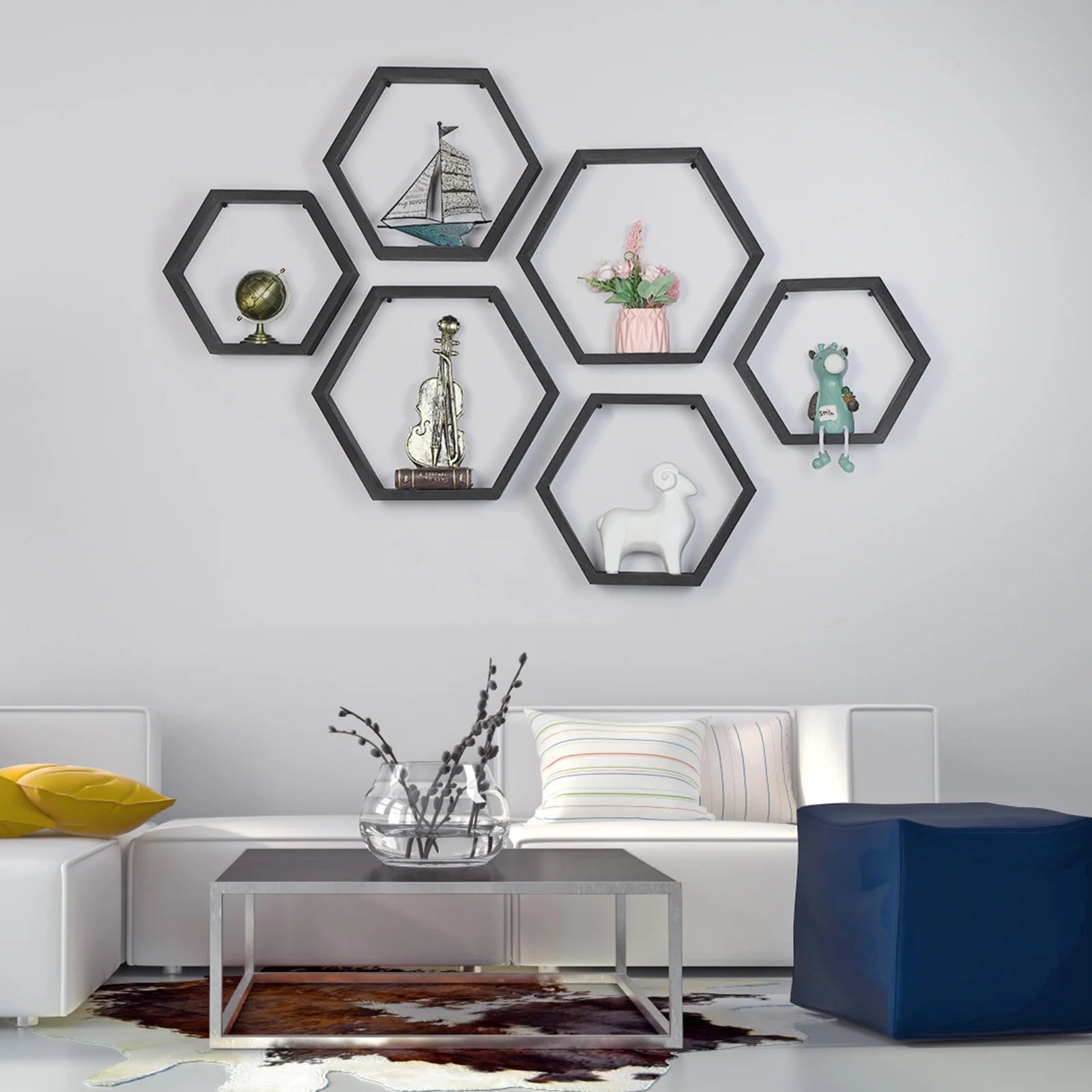 Black Hexagon Floating Shelves, Set of 6