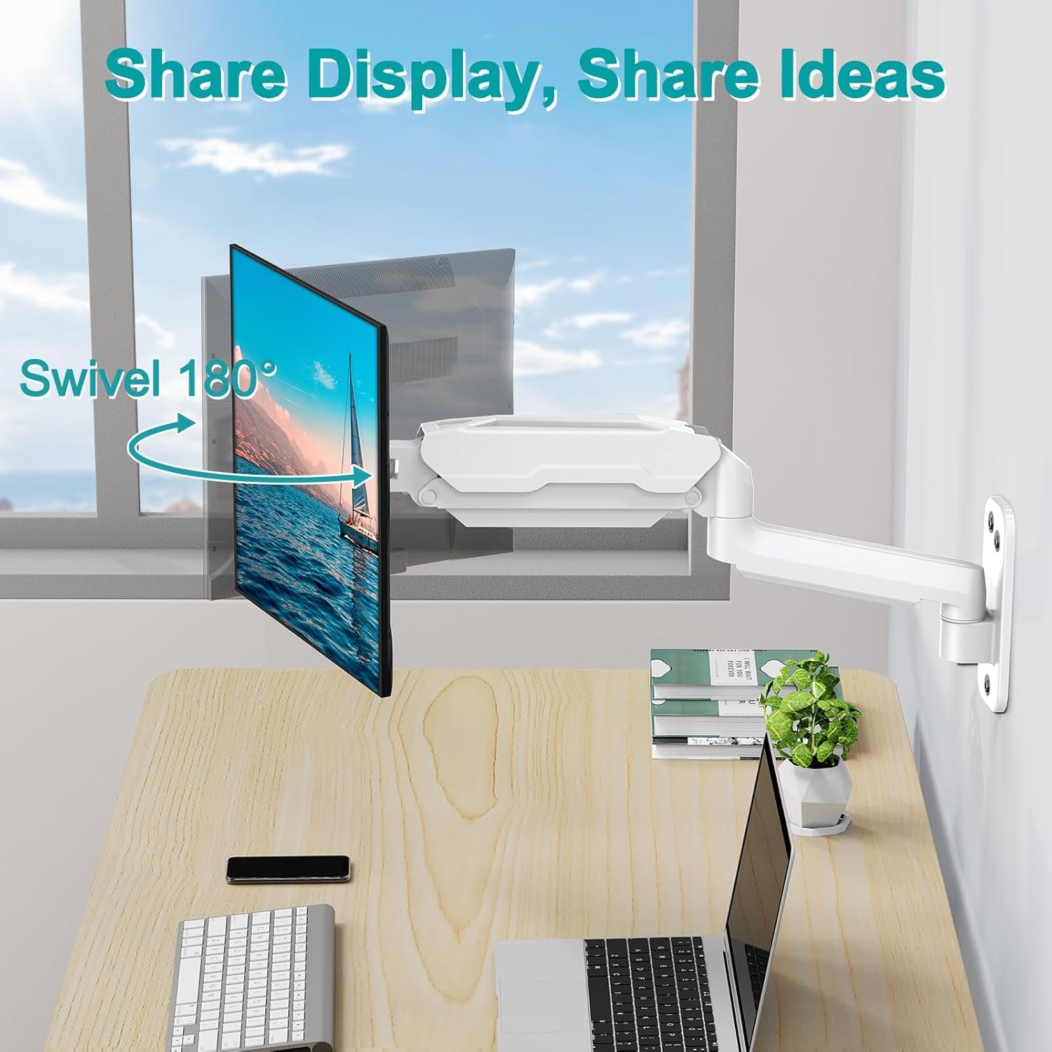 Single Monitor Wall Mount for 13 to 32 Inch Computer Screens, Gas Spring Monitor Arm Holds up to 17.6Lbs, Full Motion Adjustable Wall Bracket, VESA Mount 75X75, 100X100, White