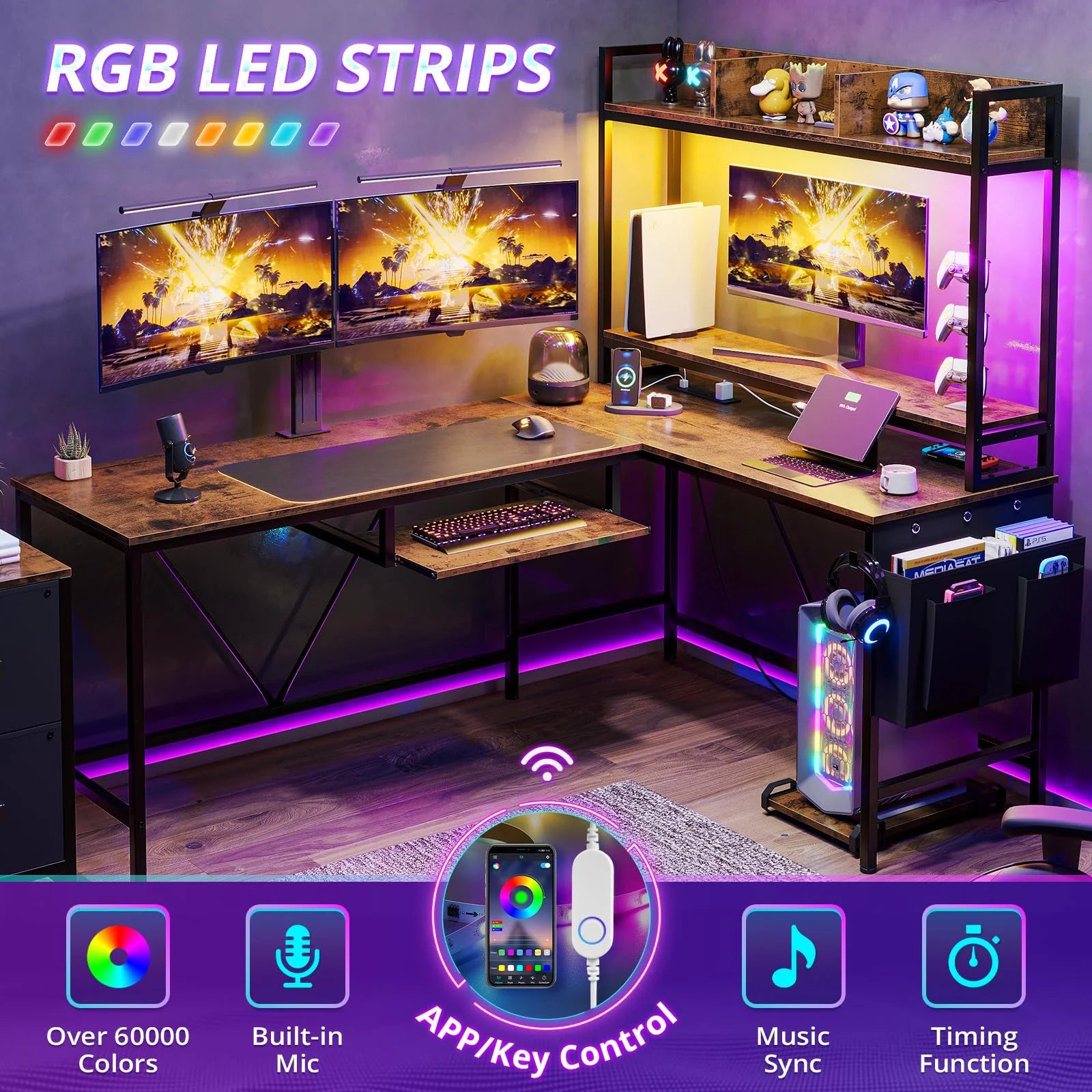 Modular Wooden Gaming Desk with Power Outlet and LED