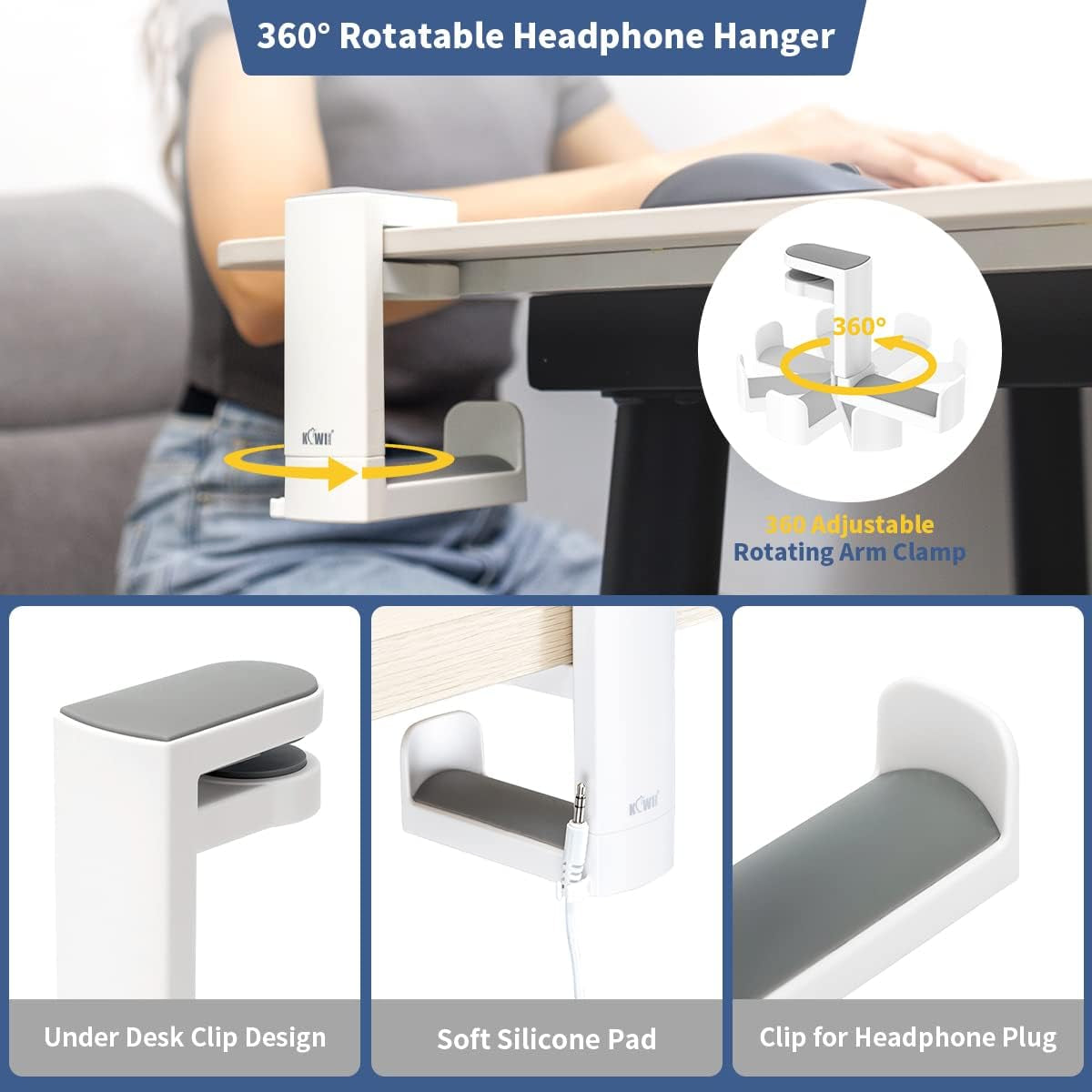 Headphone Stand Holder under Desk, PC Gaming Headset Hook Hanger Mount with 360 Adjustable Rotating Arm Clamp & Built in Cable Clip - White