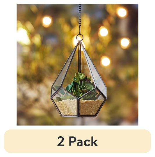 (2 Pack)  Metal and Glass Diamond Shaped Hanging Terrarium, 6.2 in Dia X 8.9 in H