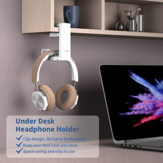 Headphone Stand Holder under Desk, PC Gaming Headset Hook Hanger Mount with 360 Adjustable Rotating Arm Clamp & Built in Cable Clip - White
