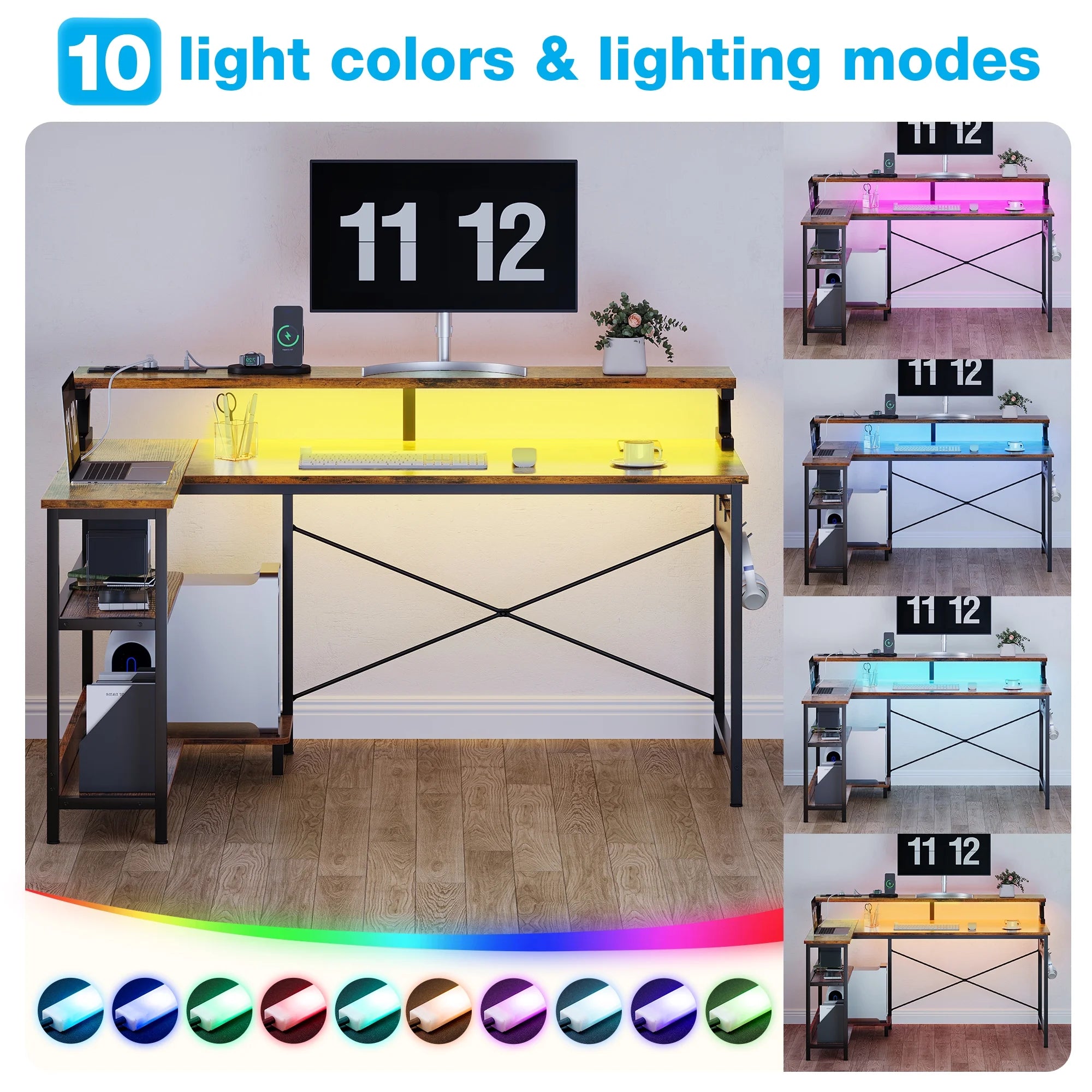 48 In. Reversible L Shaped Gaming Desk with LED Lights & Power Outlet