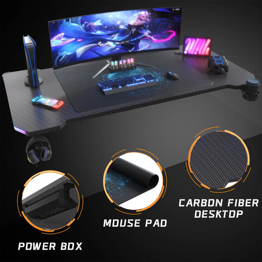 63 Inches Z-Shaped Carbon Fiber Gaming Desk with RGB Lights