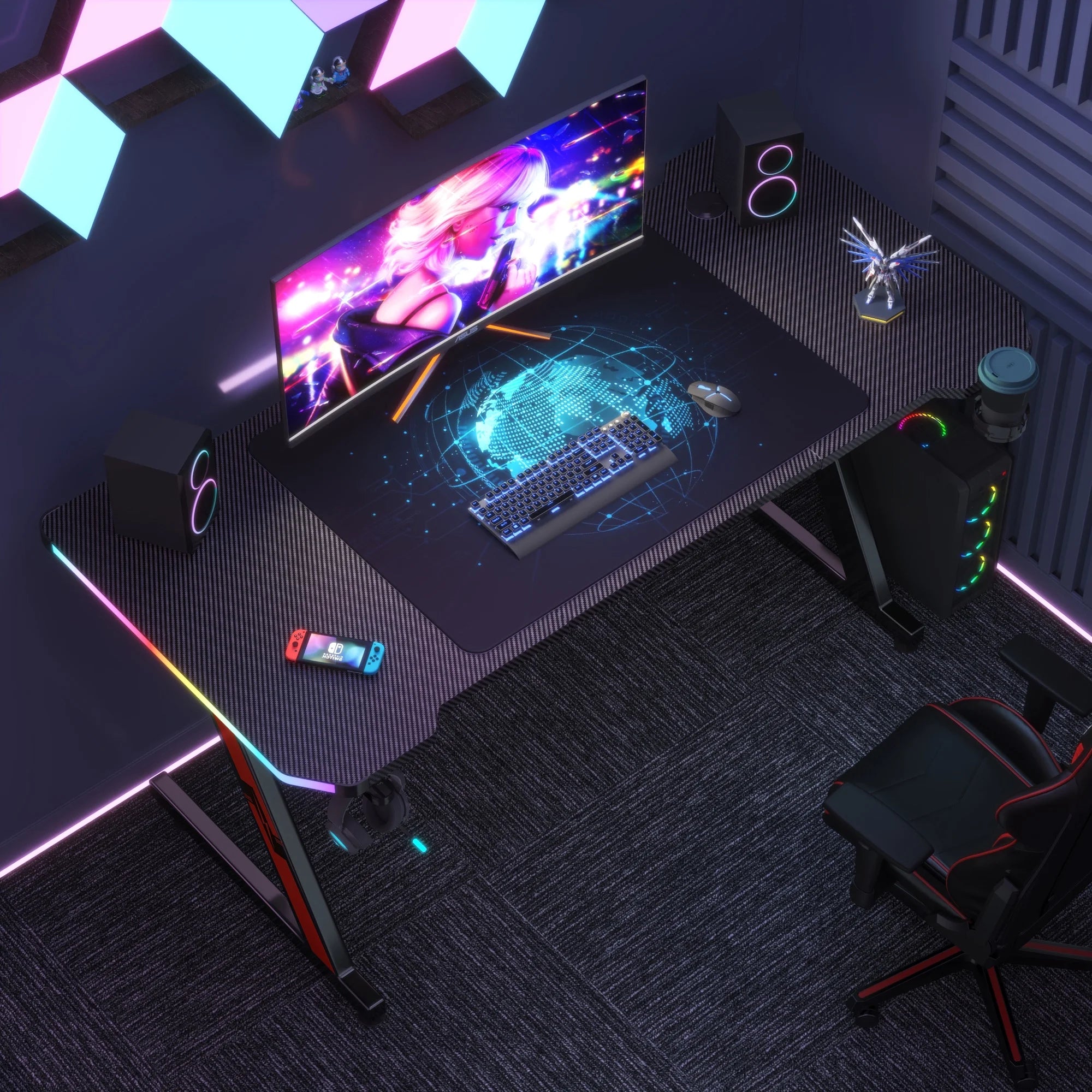 63 Inches Z-Shaped Carbon Fiber Gaming Desk with RGB Lights