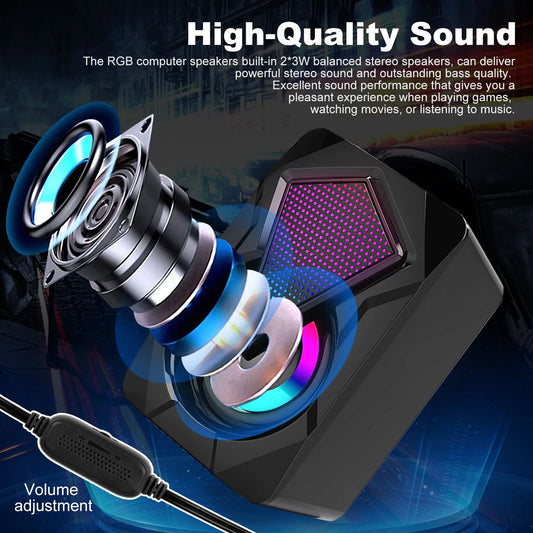 Computer Speakers for Desktop or Laptop,  2.0 Stereo RGB PC Gaming Speakers with Stereo Surround Bass, 7 Colors LED Lights, Usb-Powered 3.5Mm Wired Speakers for PC Smartphone Tablet Projector TV
