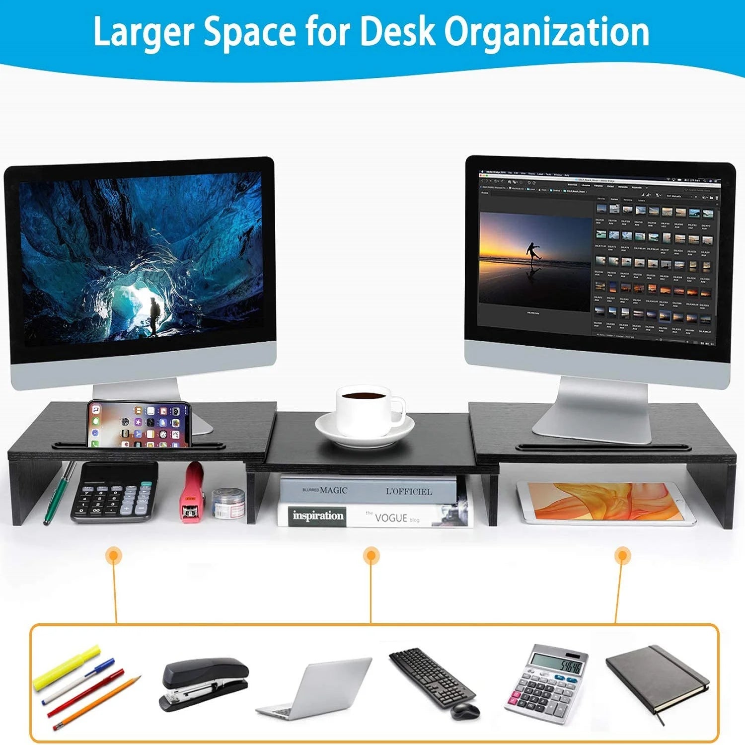 Dual Monitor Stand Riser with Adjustable Length & Angle