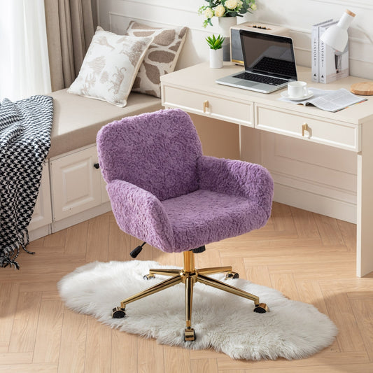 Purple Pastel Chair with Artificial Fur Upholstery and Gold Metal Base