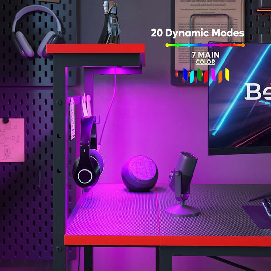 52 In. Gaming Desk with LED, Carbon Fiber/Red