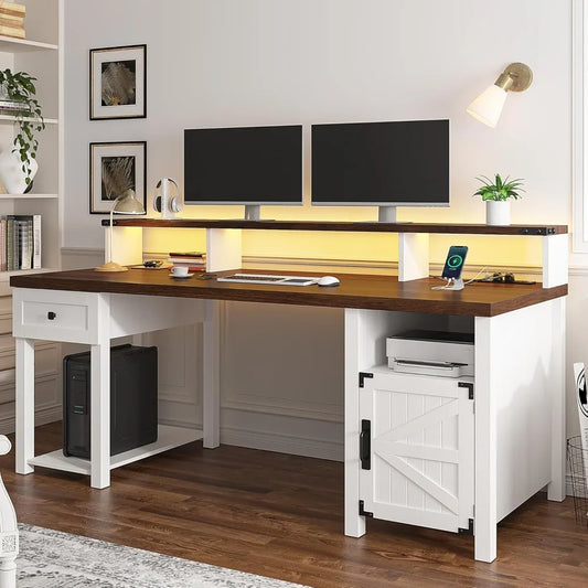 55" Farmhouse Wooden Desk with Power Outlets