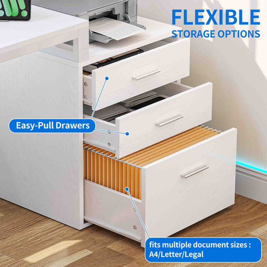 65" White L-Shaped Desk with Power Outlets and LED 