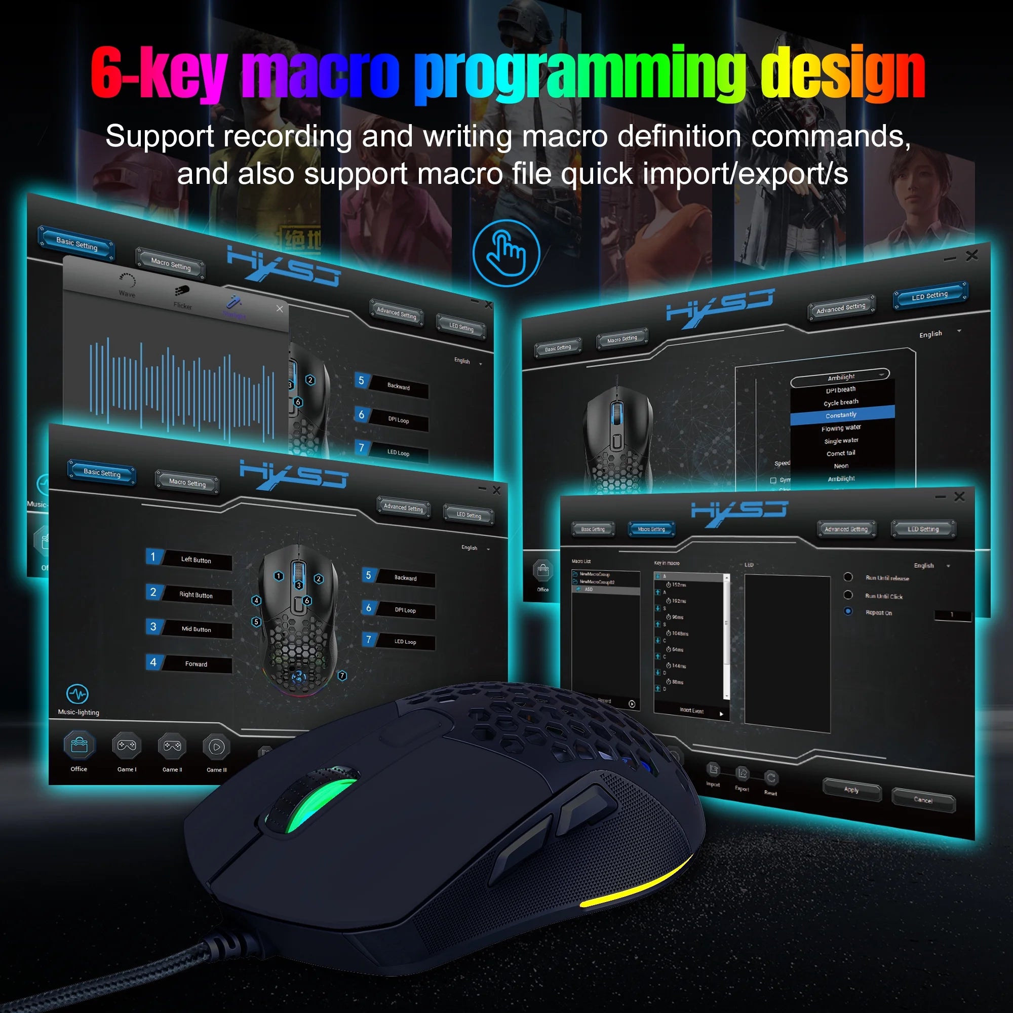 Wired Gaming Mouse with Swap Honeycomb Shell, Adjustable 7200 DPI, 6 Programmable Buttons, Lightweight Gaming Mice with 12 RGB Backlight for Windows PC Gaming and Office,Black