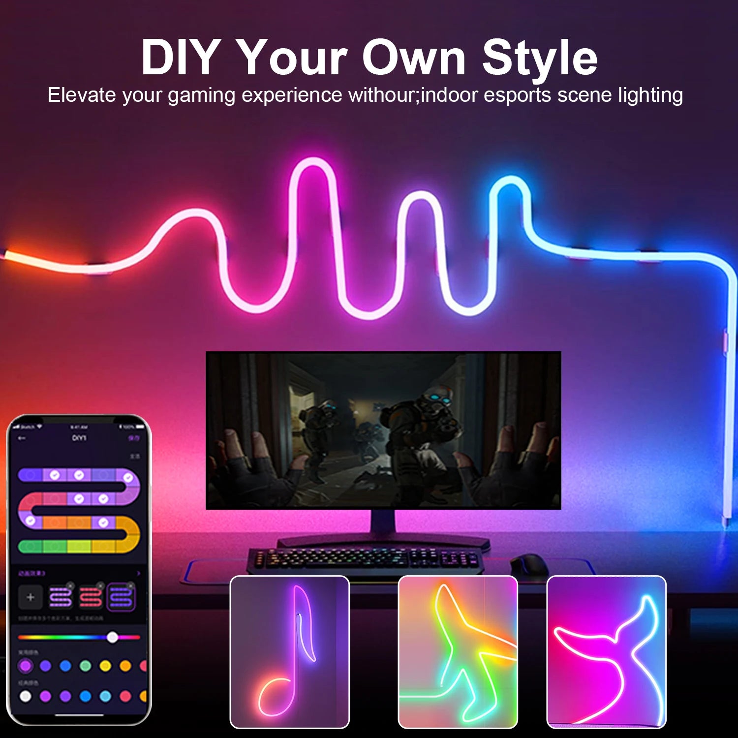 Mergbw Neon LED Strip Lights 5V 3/2/1M Silicone Neon Rope Light Music Sync DIY APP Dreamcolor Chasing Strip Tape Room Wall Decor