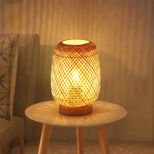 Benvolio Rattan Weave Bamboo Table Lamp with Wood Base Mini Wicker Desk Lamp Boho Farmhouse Nightstand Lamp