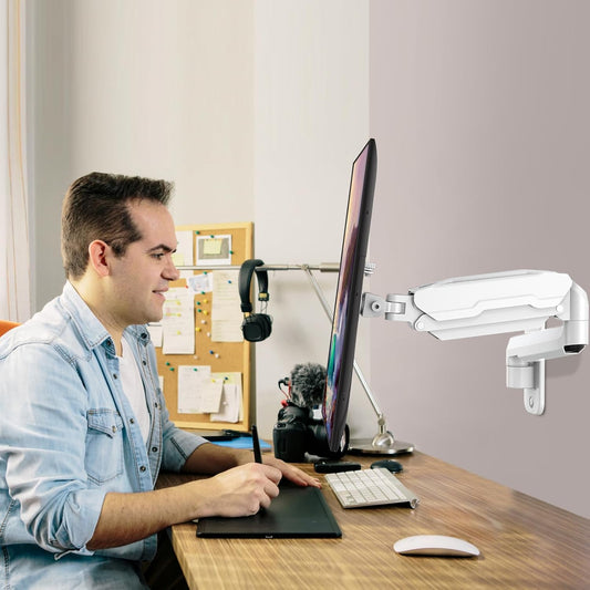 Single Monitor Wall Mount for 13 to 32 Inch Computer Screens, Gas Spring Monitor Arm Holds up to 17.6Lbs, Full Motion Adjustable Wall Bracket, VESA Mount 75X75, 100X100, White
