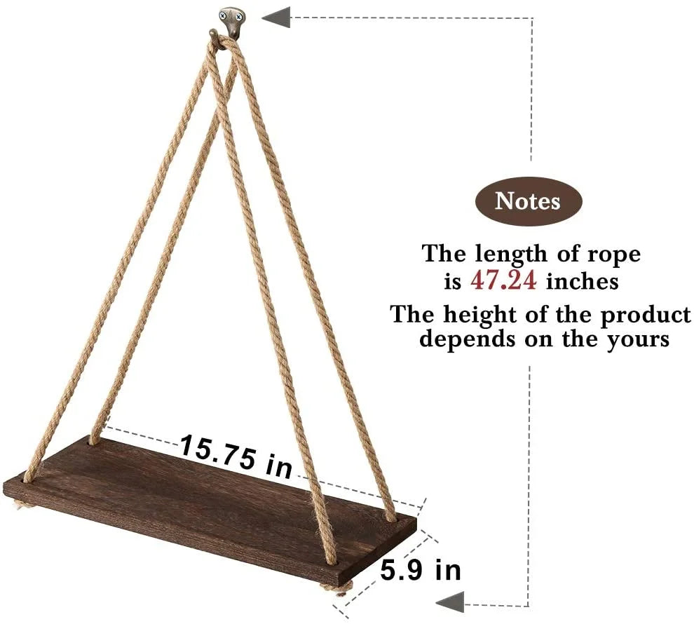 Set of 4 Vintage Hanging Shelves Wood Rope, Brown