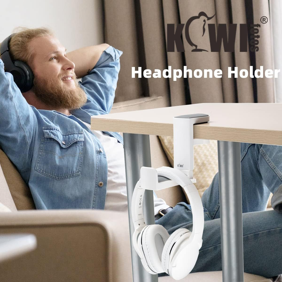 Headphone Stand Holder under Desk, PC Gaming Headset Hook Hanger Mount with 360 Adjustable Rotating Arm Clamp & Built in Cable Clip - White