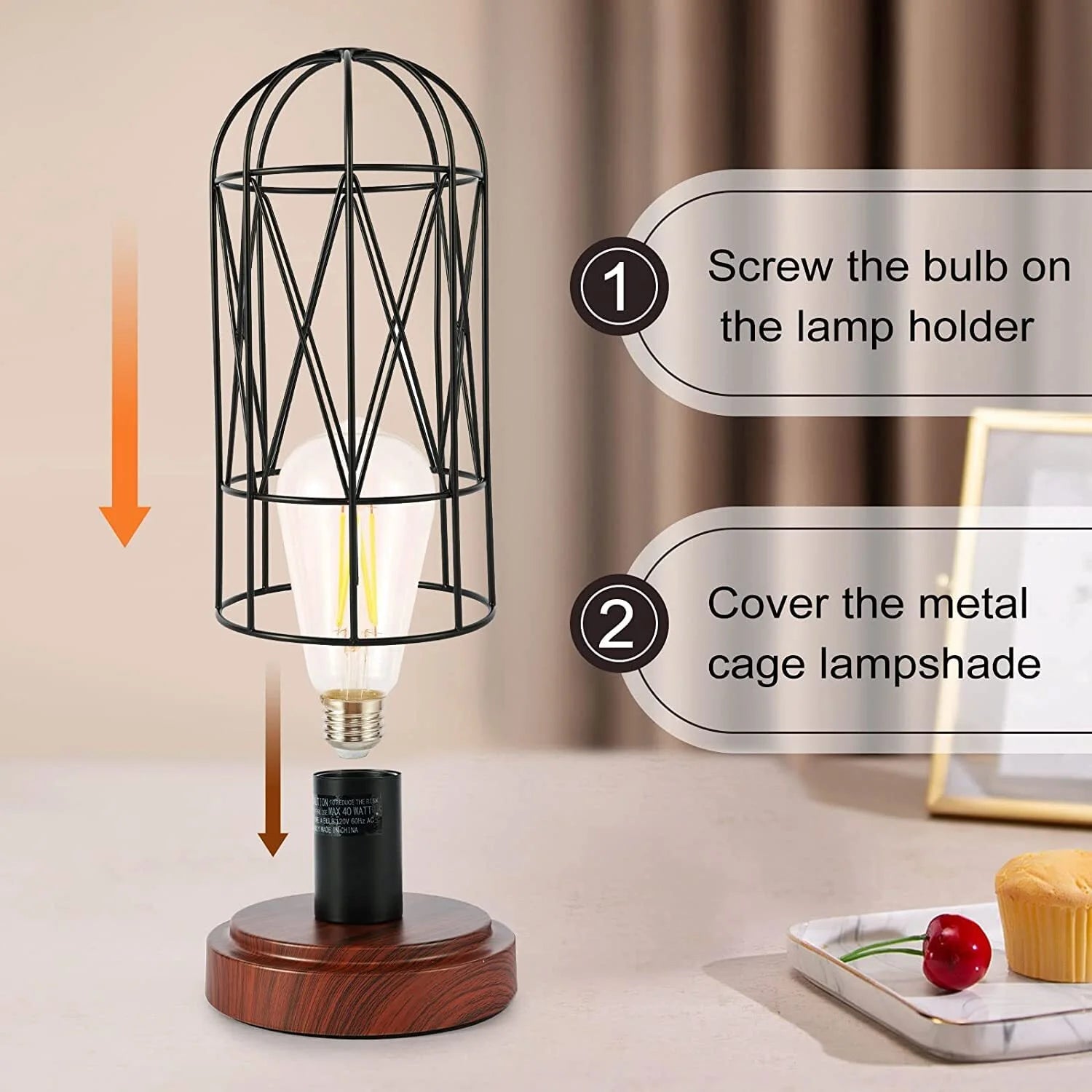 Industrial Table Lamp Set of 2, Small Touch Control Edison Desk Lamp 3 Way Dimmable Vintage Bedside Lamp Metal Cage Steampunk for Living Room,Bedroom or Den