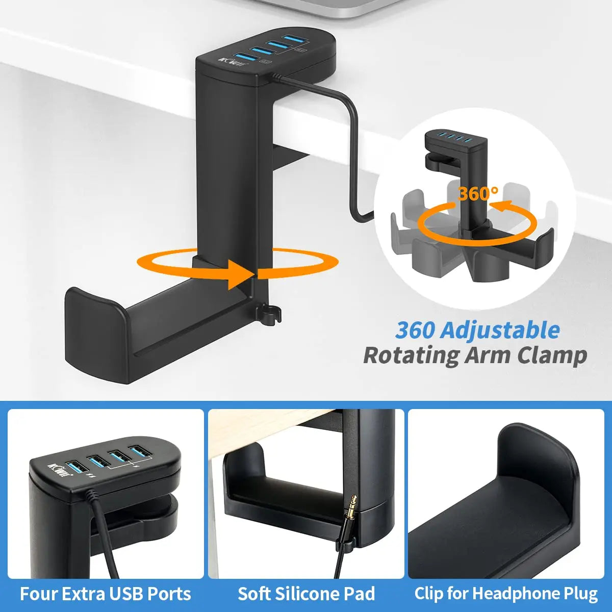 Headphone Stand with 4 USB Port 360° Rotating Clamp for Desk Gamer Headset Stand with USB 3.0 Fast Data Transfer Organize Desk