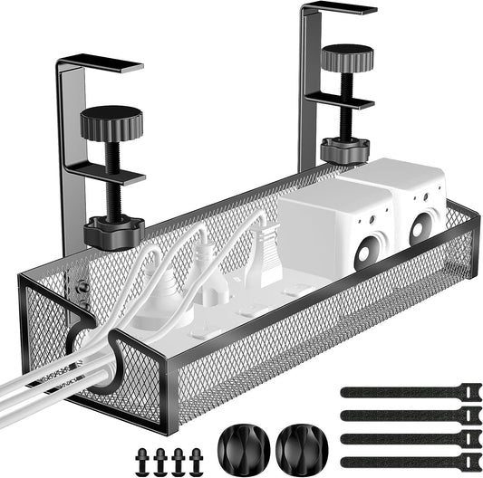 Under Desk Cable Management Tray Black, No Drill Desk Cable Management