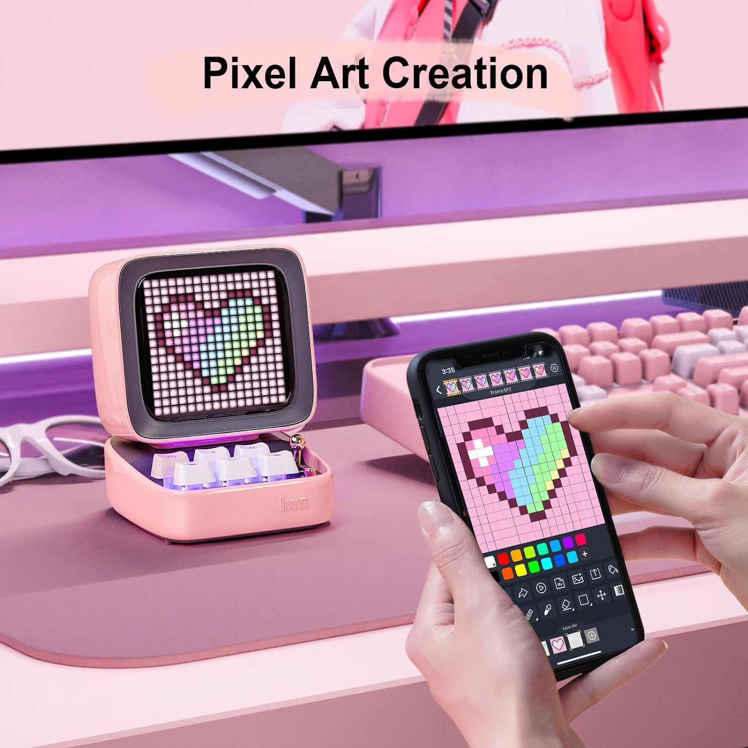 Retro Pixel Art Bluetooth Speaker with App Controlled Front Screen (Pink)
