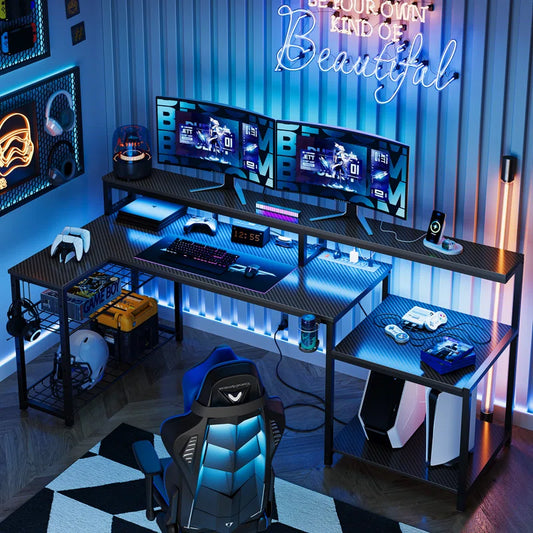 Minaya Large 71.5" Gaming Desk with Power Outlet and LED, L-Shaped 