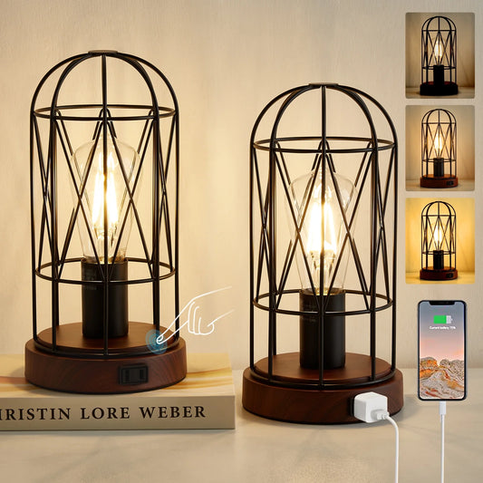 Industrial Table Lamp Set of 2, Small Touch Control Edison Desk Lamp 3 Way Dimmable Vintage Bedside Lamp Metal Cage Steampunk for Living Room,Bedroom or Den