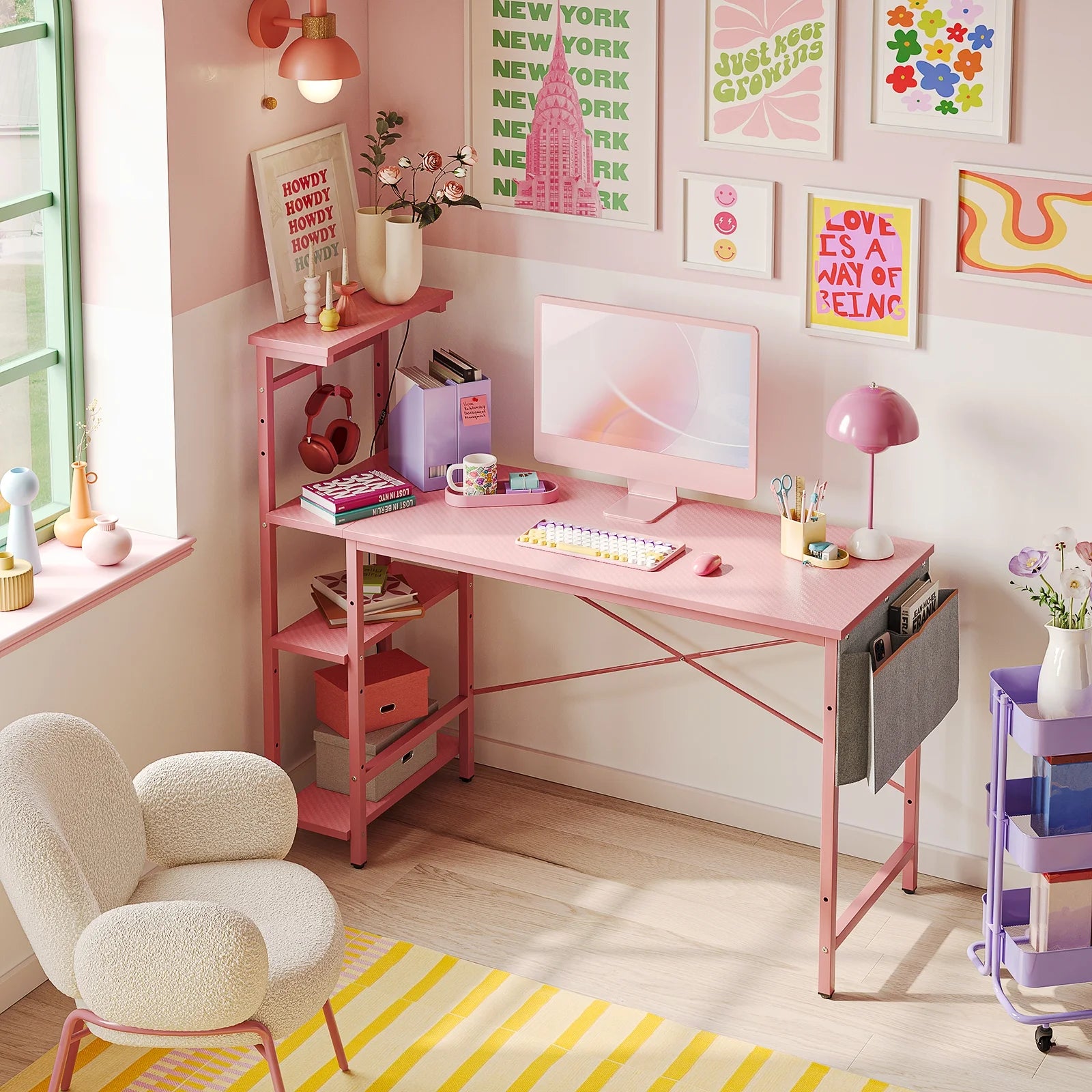 52 In. Pastel Pink Gaming Desk with LED