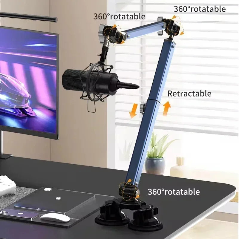 Professional Dual Suction Mount 360° Microphone Boom Arm Mic Stand Microphone Clamp Holder Microphone Accessories for Streaming