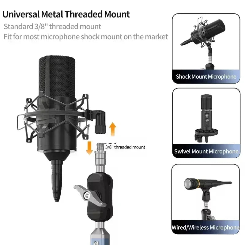 Professional Dual Suction Mount 360° Microphone Boom Arm Mic Stand Microphone Clamp Holder Microphone Accessories for Streaming