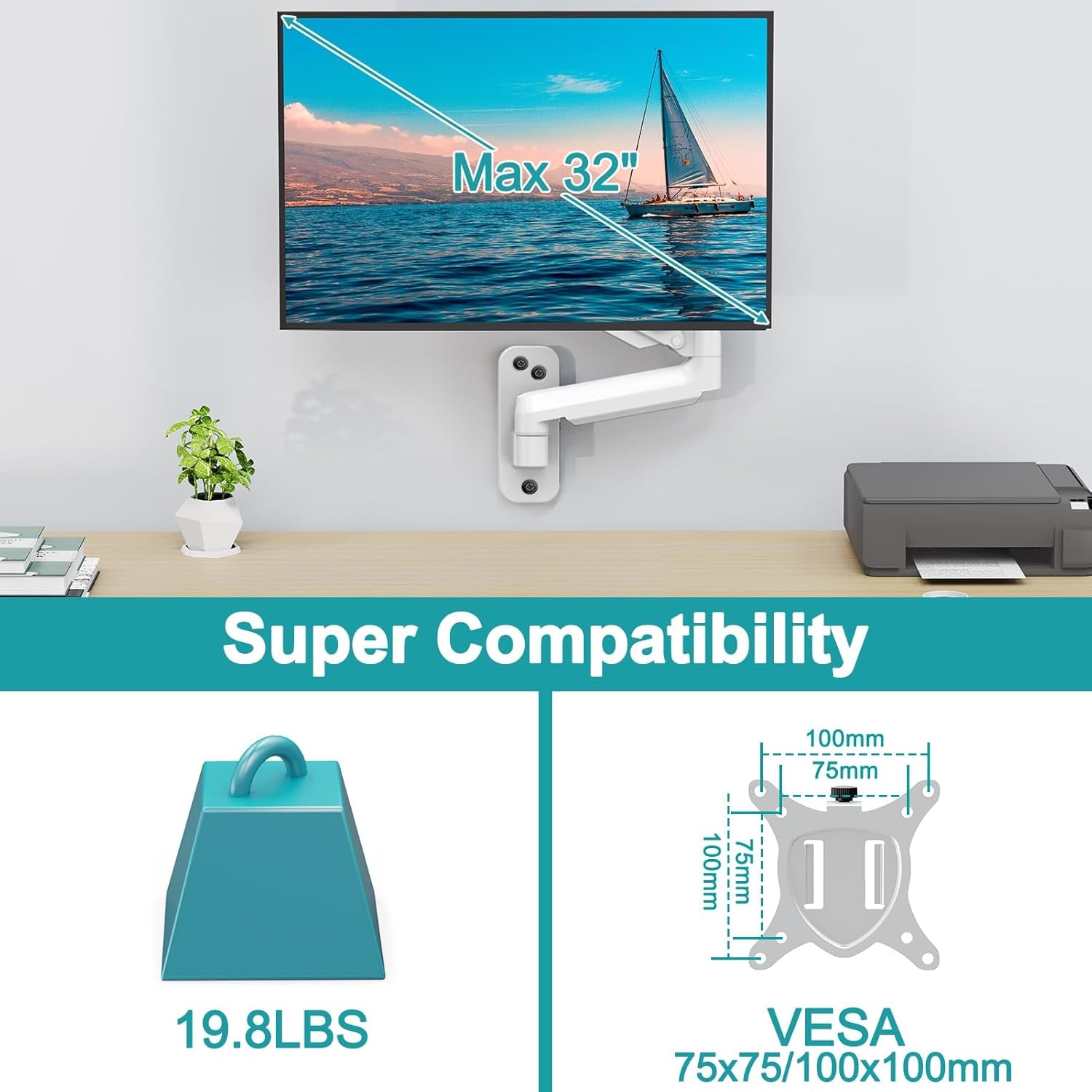 Single Monitor Wall Mount for 13 to 32 Inch Computer Screens, Gas Spring Monitor Arm Holds up to 17.6Lbs, Full Motion Adjustable Wall Bracket, VESA Mount 75X75, 100X100, White