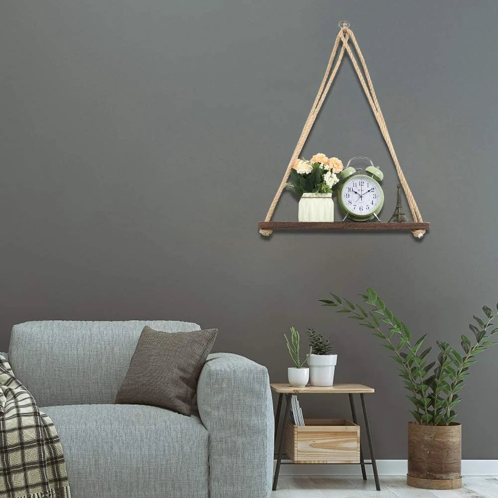 Set of 4 Vintage Hanging Shelves Wood Rope, Brown