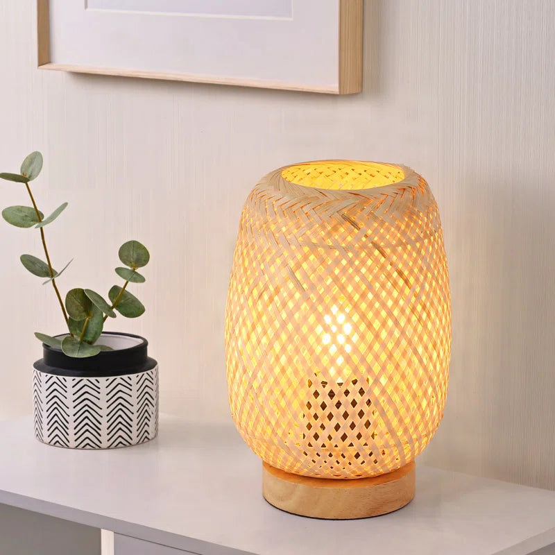 Benvolio Rattan Weave Bamboo Table Lamp with Wood Base Mini Wicker Desk Lamp Boho Farmhouse Nightstand Lamp