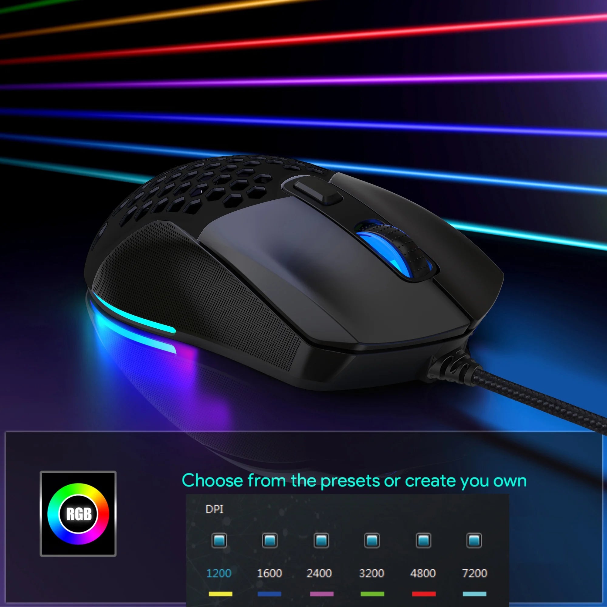 Wired Gaming Mouse with Swap Honeycomb Shell, Adjustable 7200 DPI, 6 Programmable Buttons, Lightweight Gaming Mice with 12 RGB Backlight for Windows PC Gaming and Office,Black
