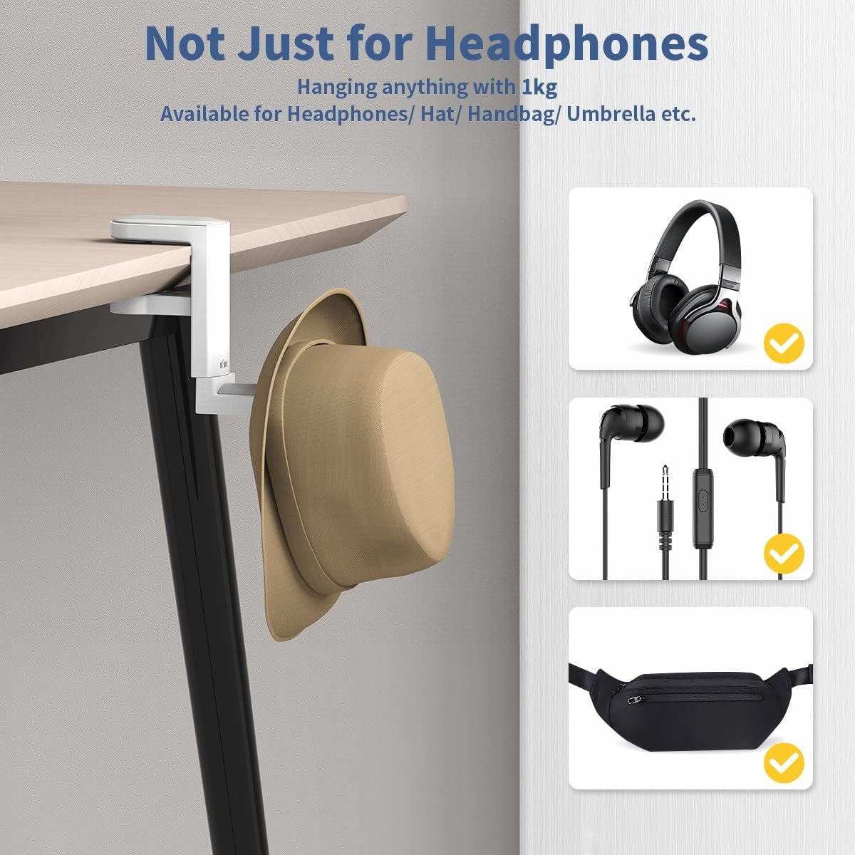 Headphone Stand Holder under Desk, PC Gaming Headset Hook Hanger Mount with 360 Adjustable Rotating Arm Clamp & Built in Cable Clip - White