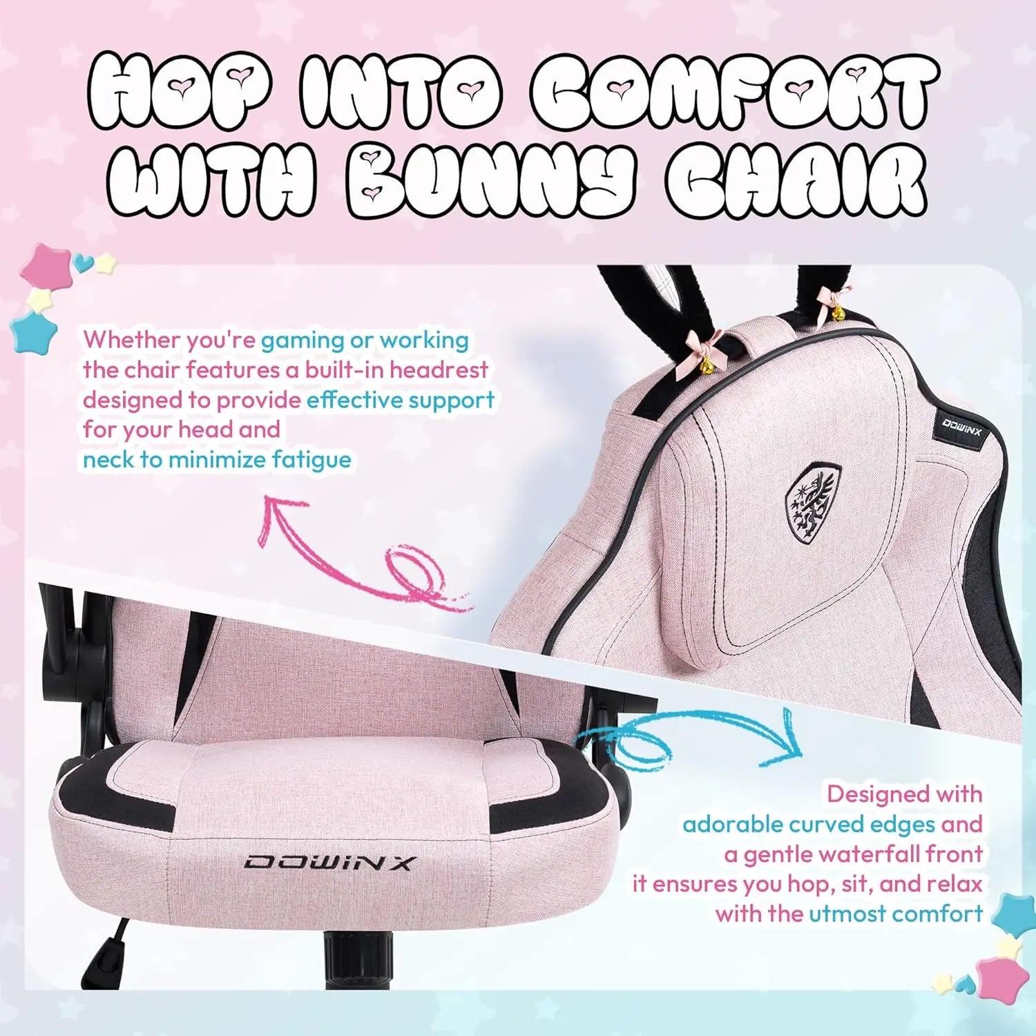 Gaming Chair with Removable Bunny Ears, Pastel Pink