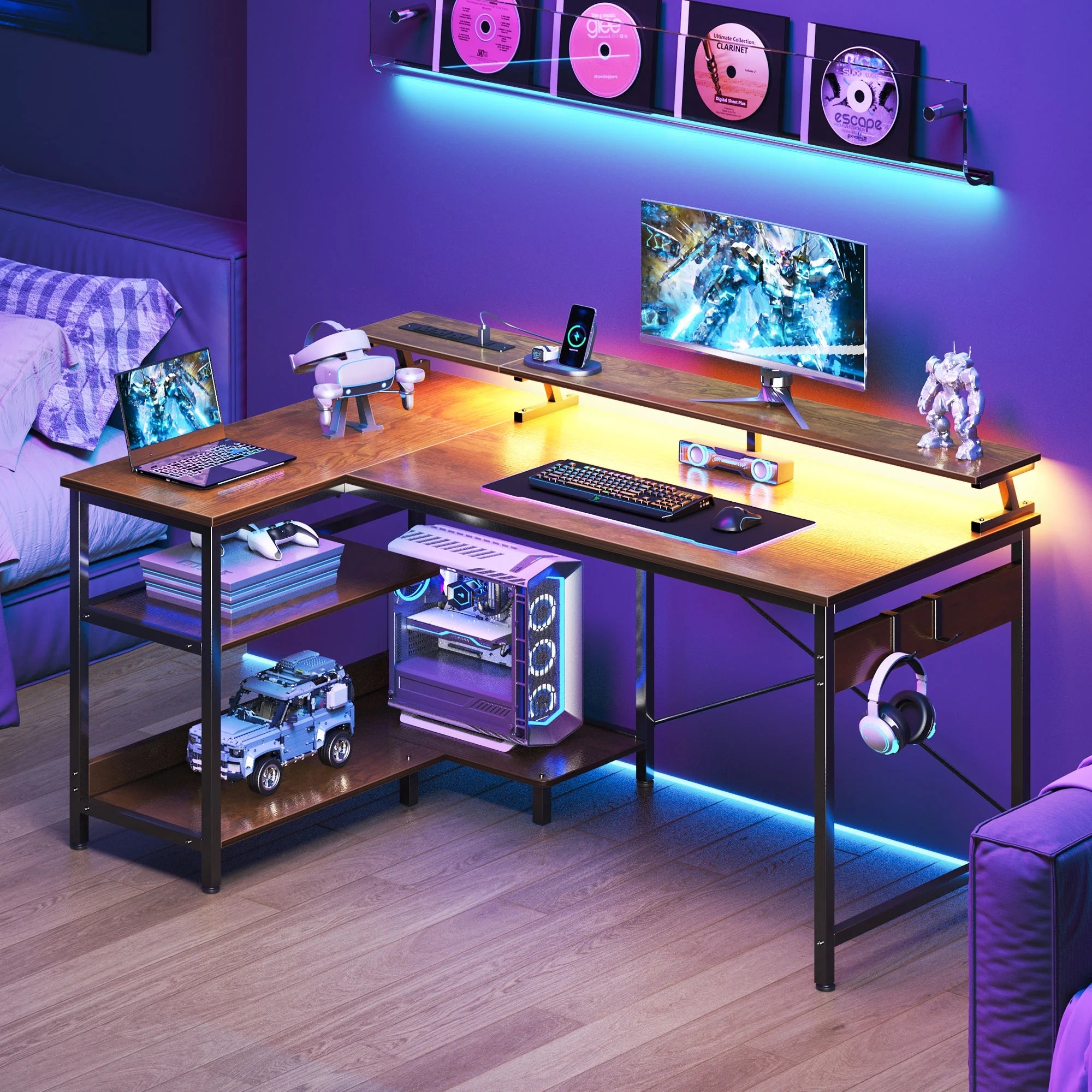 48 In. Reversible L Shaped Gaming Desk with LED Lights & Power Outlet