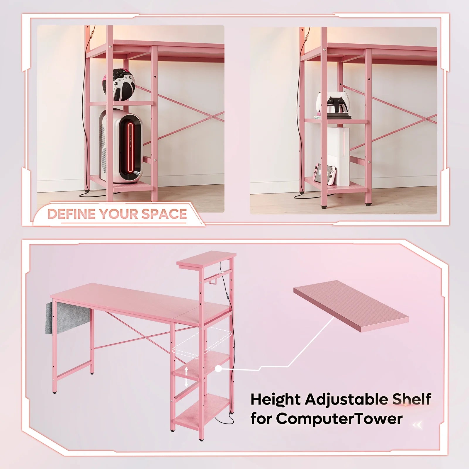 52 In. Pastel Pink Gaming Desk with LED
