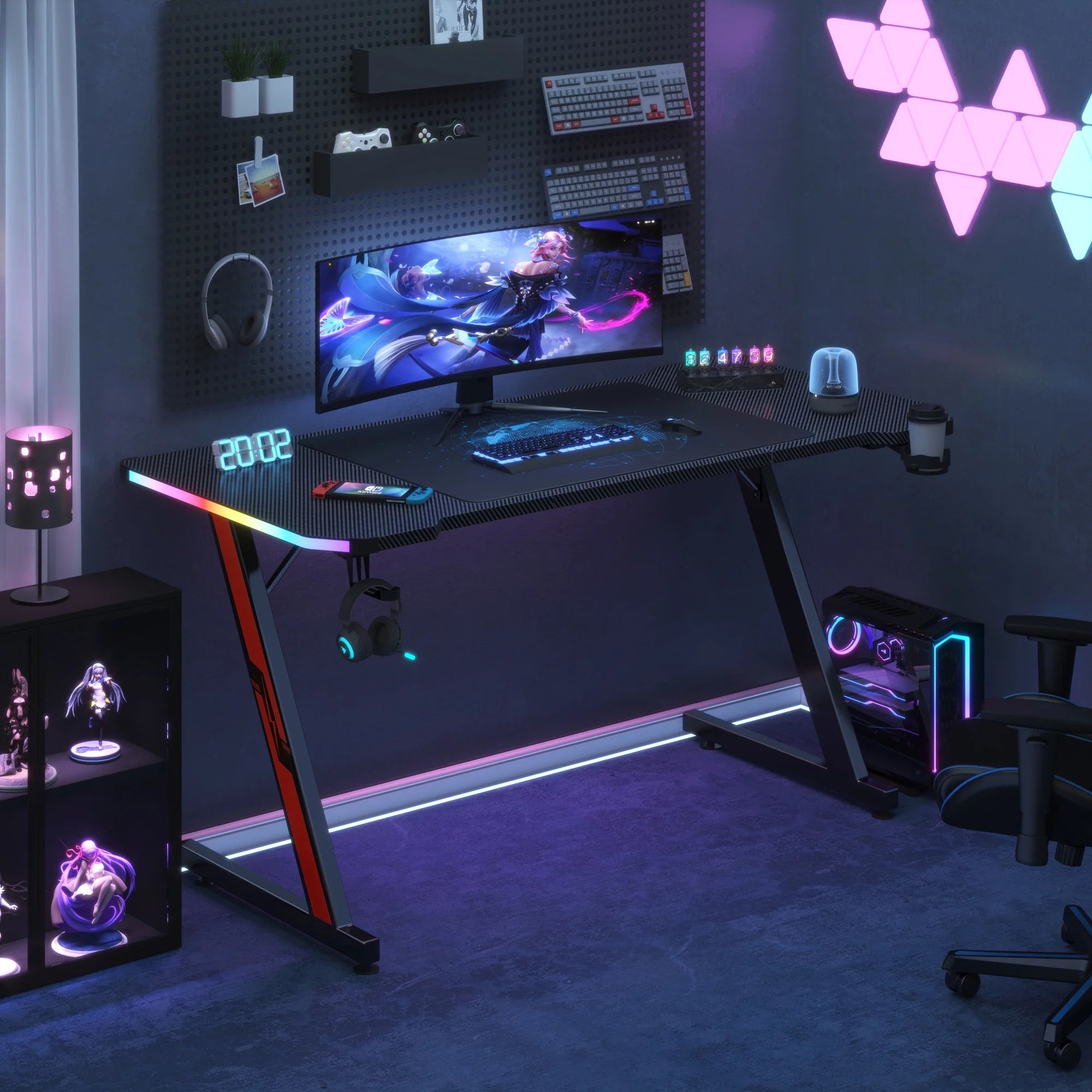 63 Inches Z-Shaped Carbon Fiber Gaming Desk with RGB Lights