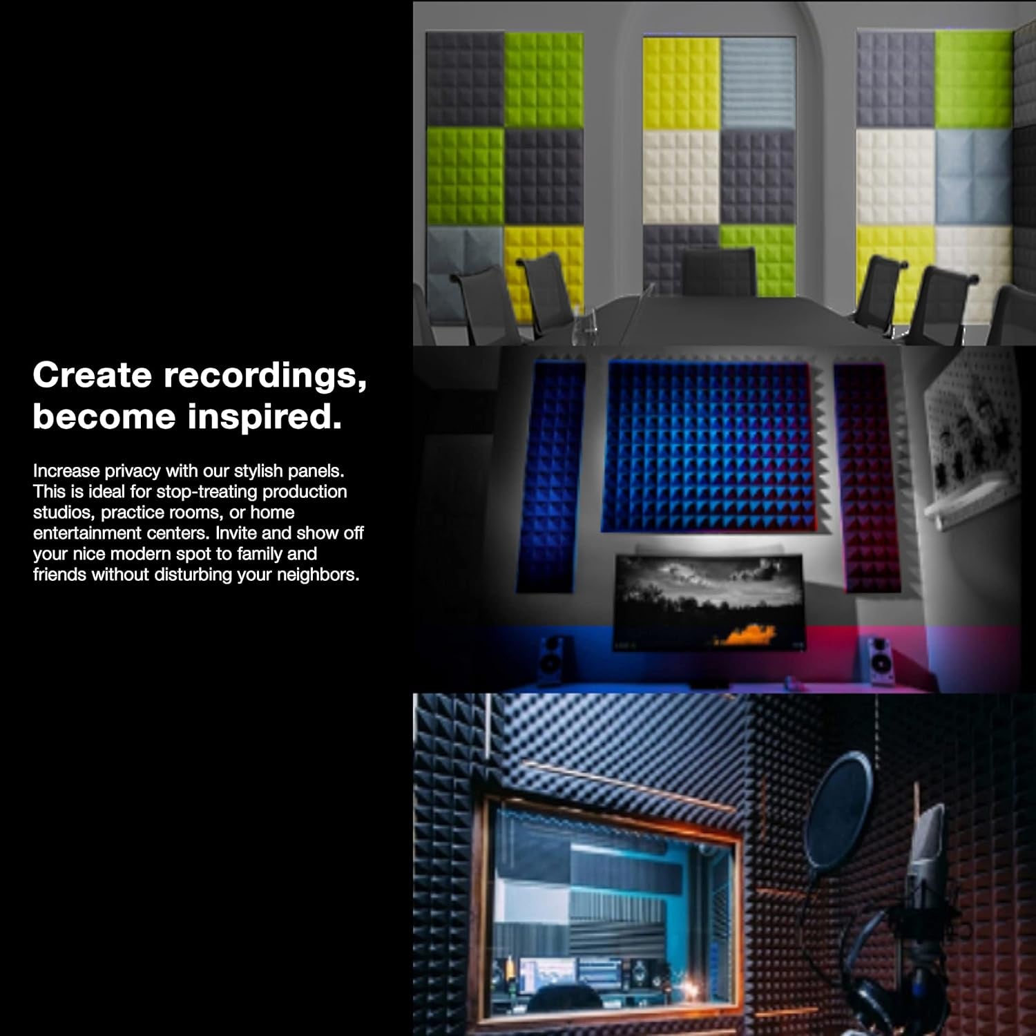 Acoustic Foam Panels, 24 Pack Black 2'' X 12
