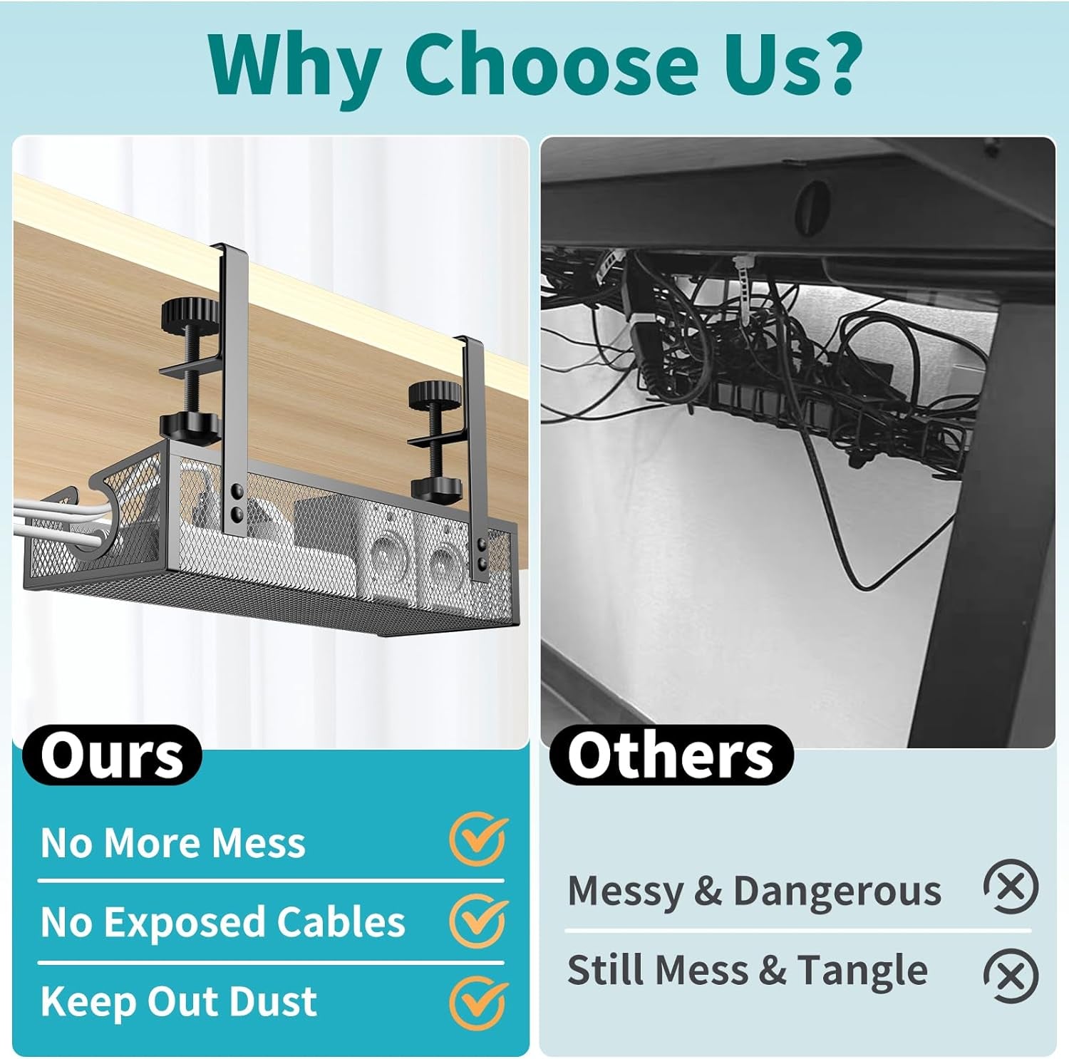 Under Desk Cable Management Tray Black, No Drill Desk Cable Management