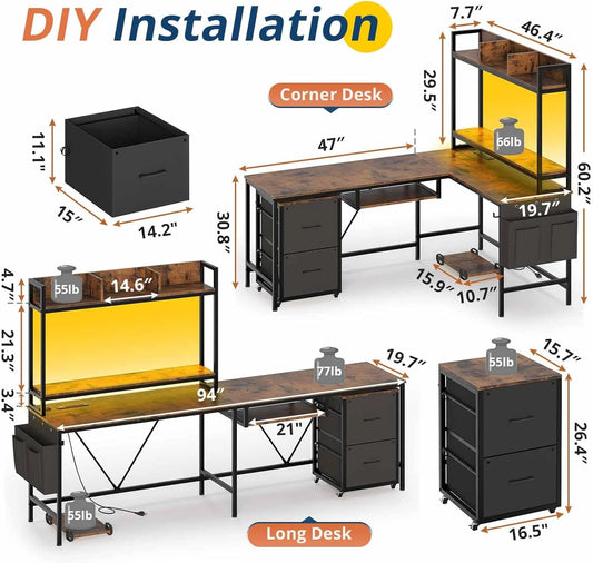 Modular Wooden Gaming Desk with Power Outlet and LED